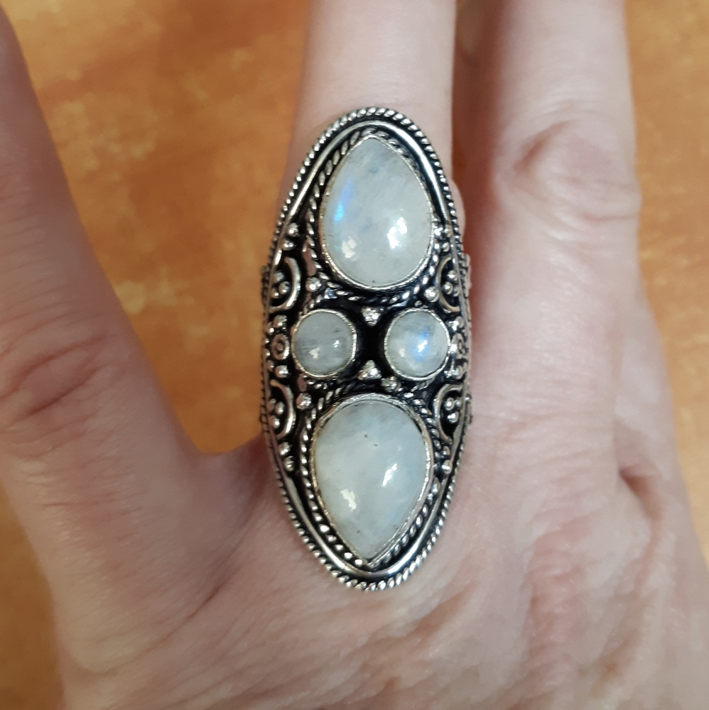 New Rainbow Moonstone 925 Silver Statement Ring.